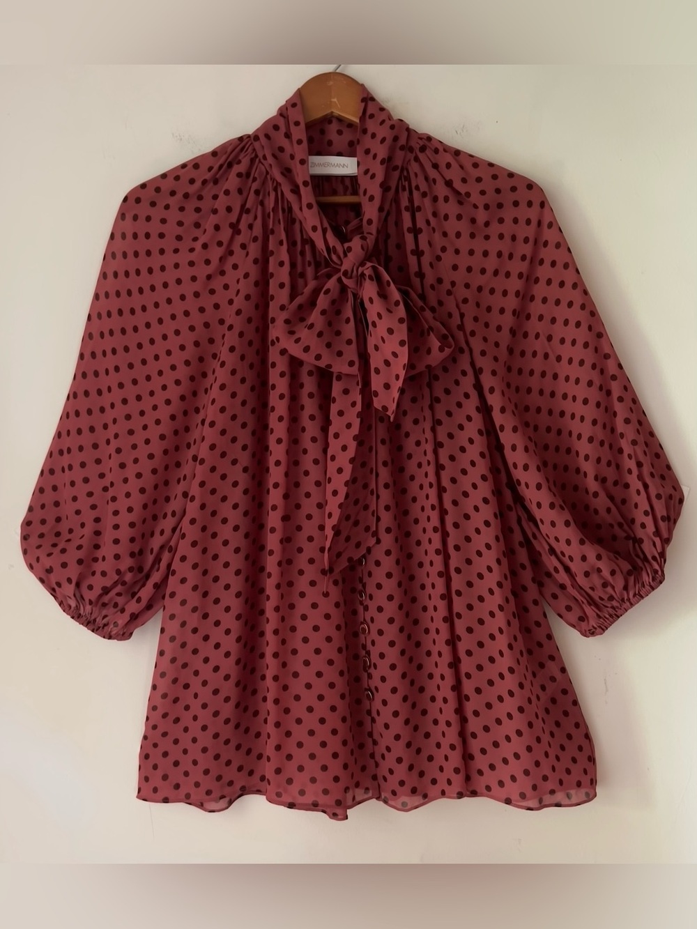 Zimmermann Espionage Neck Tie Blouse Rosewood Dot Sz S Polka Dot Button Front